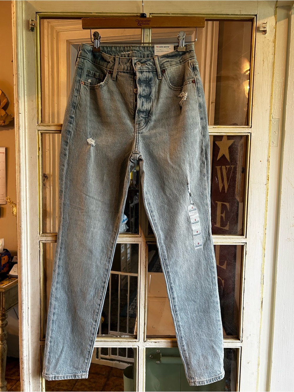 Old Navy Pop Icon Jeans. Button fly distressed look. Size 2. Inseam 28 inches.